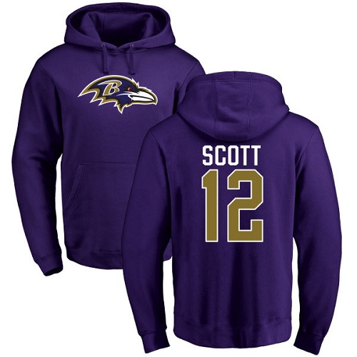Men Baltimore Ravens Purple Jaleel Scott Name and Number Logo NFL Football #12 Pullover Hoodie Sweatshirt